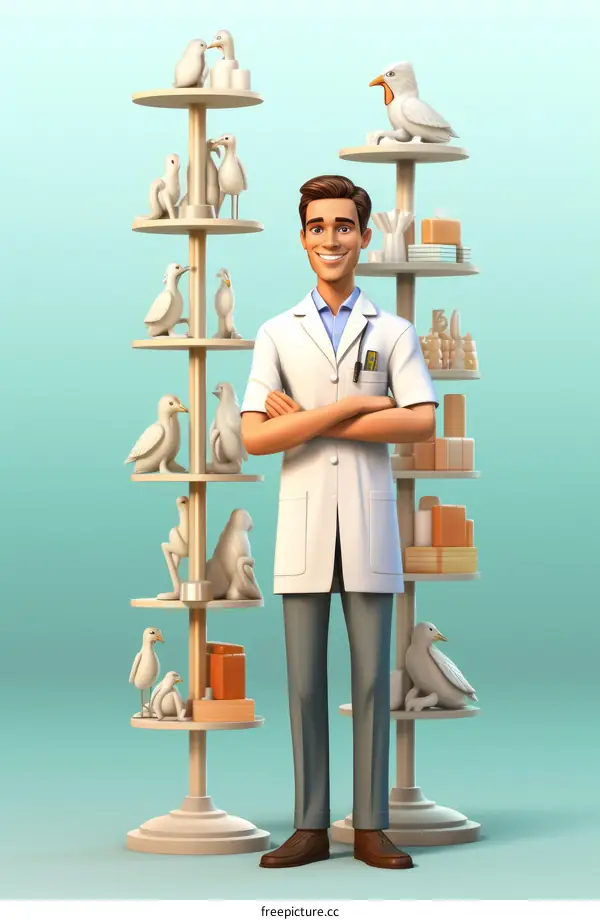 Pharmacist with shelves of medication and medical supplies