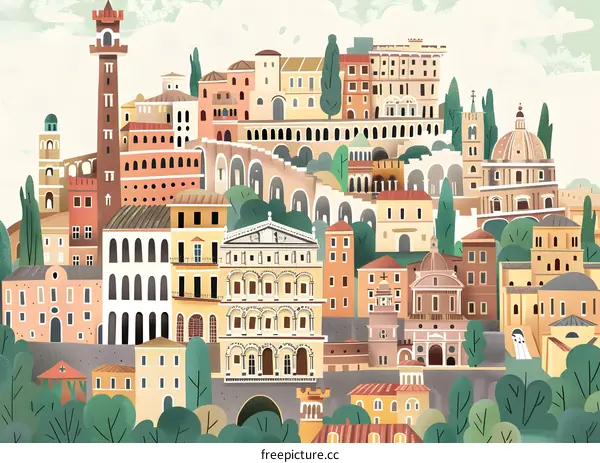 Colorful Cityscape Illustration with Buildings and Trees