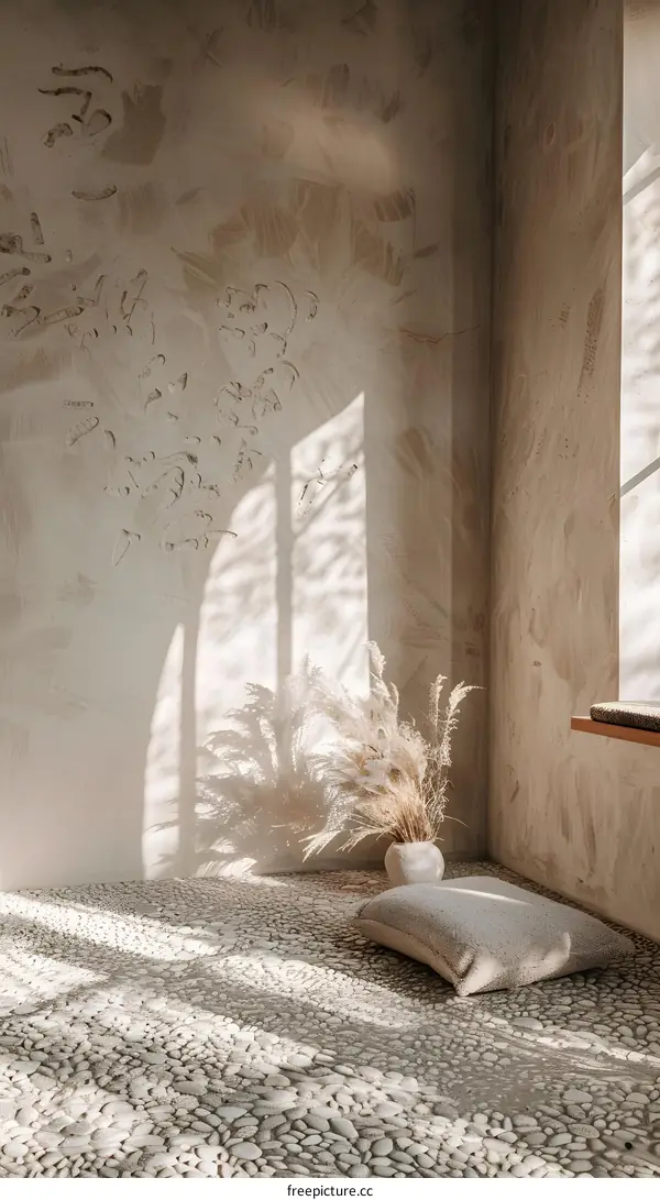 Minimalist Interior Design with White Pebble Floor and Sunlight