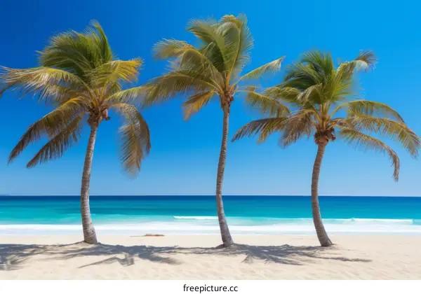 Three palm trees on a beach with white sand and blue water