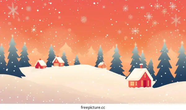 Snowy Village Landscape with Red Houses and Fir Trees