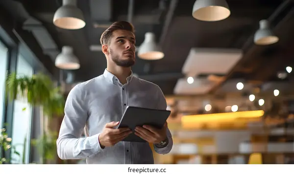 Man in White Shirt Using Tablet in Office