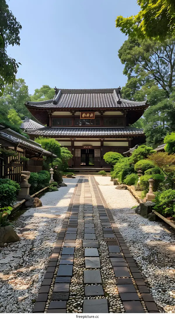 A photo of a beautiful and peaceful Japanese temple with a long stone path leading up to it
