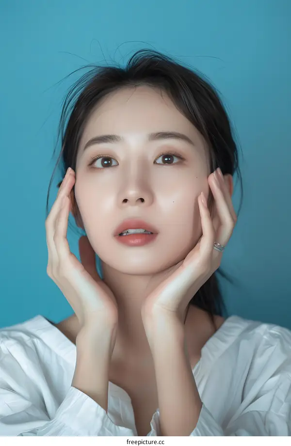 Portrait of a Young Asian Woman with White Shirt and Blue Background