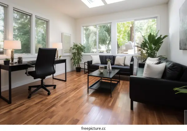 Black leather sofa and furniture in a home office