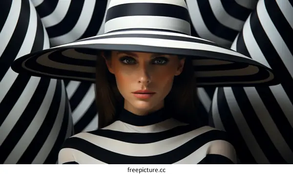 portrait of a woman wearing a black and white striped hat and bodysuit