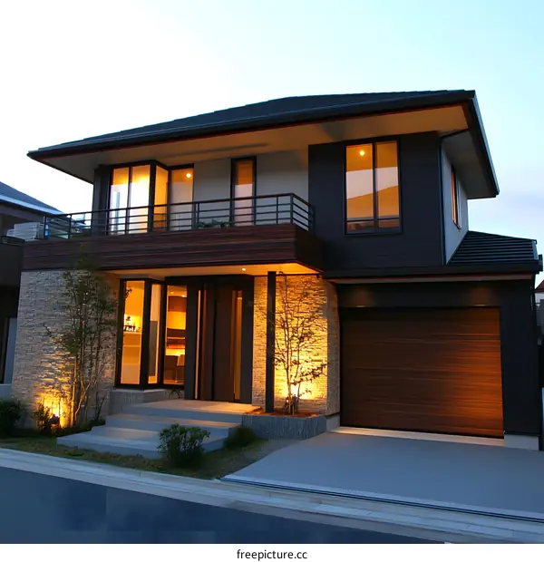 Modern Two Story House with Stone Facade and Garage