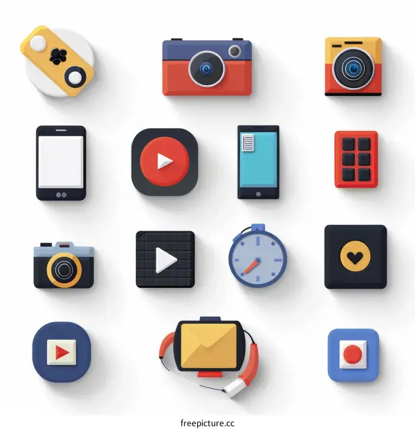 A collection of 3D icons of various electronic devices