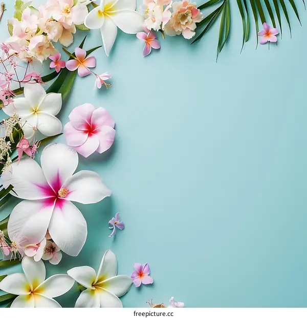 Tropical Flower Arrangement on Blue Background