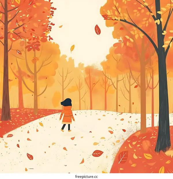 Girl Walking in Autumn Forest Illustration