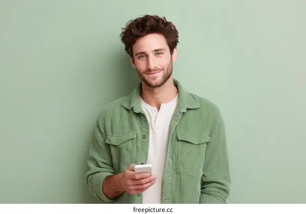 Young man with smartphone standing against green background