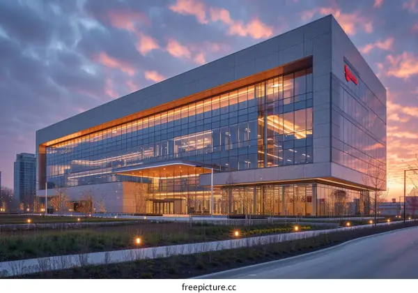 A modern office building with a glass facade and a green roof