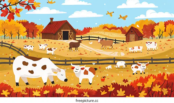 Autumn Farm Illustration with Cows and Barn