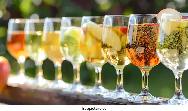 Row of Glasses Filled with Sparkling Apple Cider