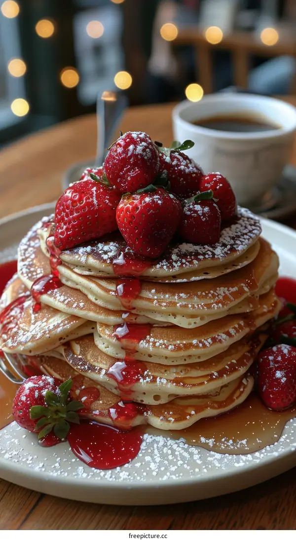 A decadent stack of pancakes topped with fresh strawberries and strawberry syrup