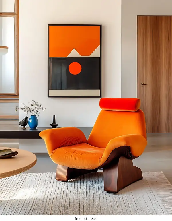 Modern Living Room with Orange Accent Chair and Abstract Art