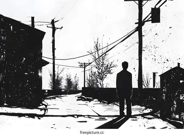 Black and White Illustration of a Man Standing in a Street