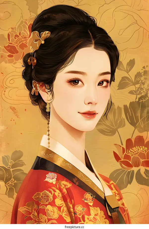 Portrait of a Korean woman in traditional red dress