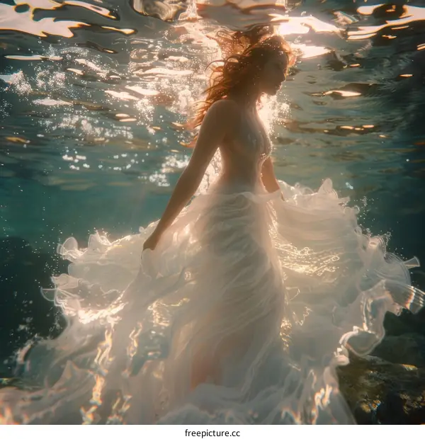 Woman in White Dress Floating Underwater in Sun Rays
