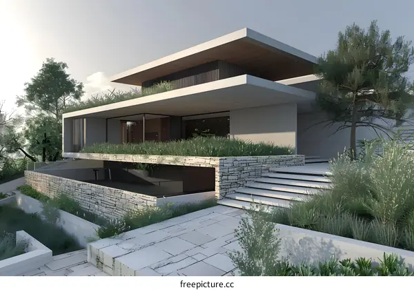 Modern Minimalist Architecture Design House with Grass Roof and Green Plants