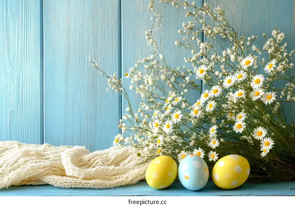 Pastel Easter Eggs Decorated with Flowers and a Knitted Throw