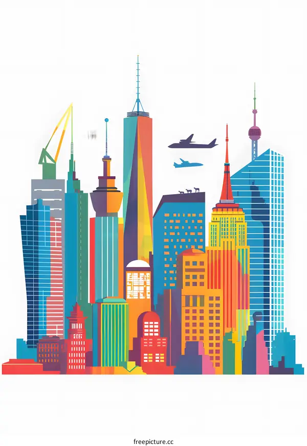 Colorful Illustration of Cityscape with Skyscrapers and Planes