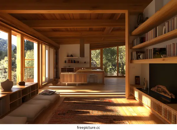 Modern Minimalist Interior Design With Wood Beams And Large Windows