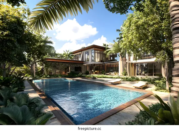 Modern Tropical Villa with Swimming Pool and Lush Greenery