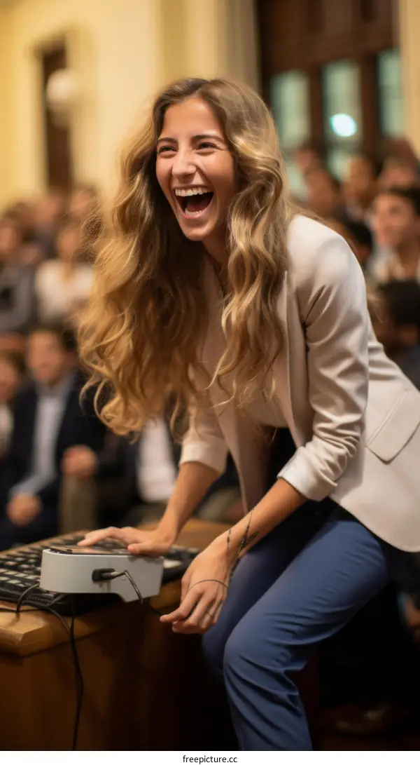 Laughing woman with long blond hair wearing a white blazer and blue pants sitting on a table in front of a large audience