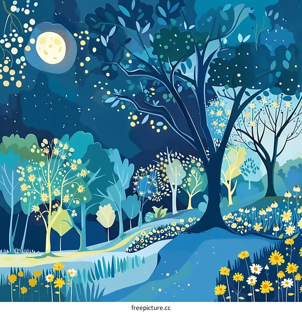 Nighttime Forest Scene with Moon and Stars