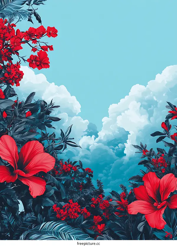 Red Flowers and Green Leaves Against a Blue Sky With White Clouds