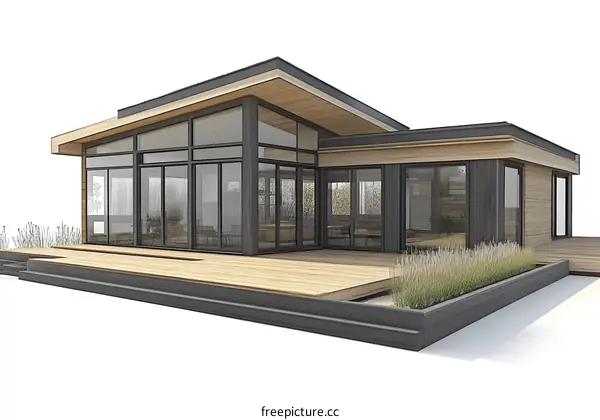 Modern House with Large Windows and Wooden Deck