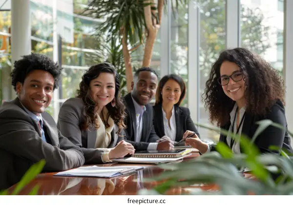 A group of business professionals sitting around a table smiling at the camera