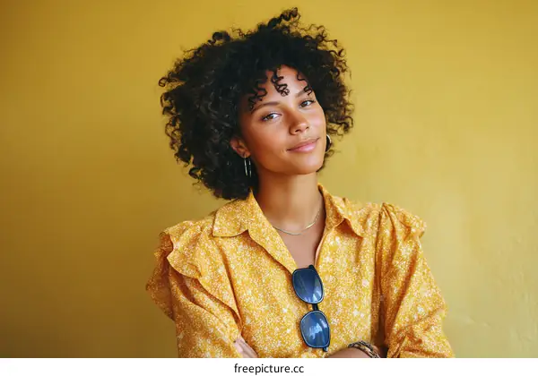 A Young Woman with Curly Hair Wearing Yellow Blouse