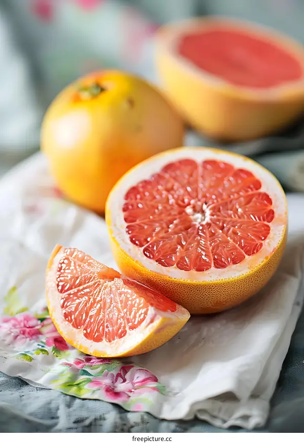 Fresh Ripe Grapefruits on a White Napkin