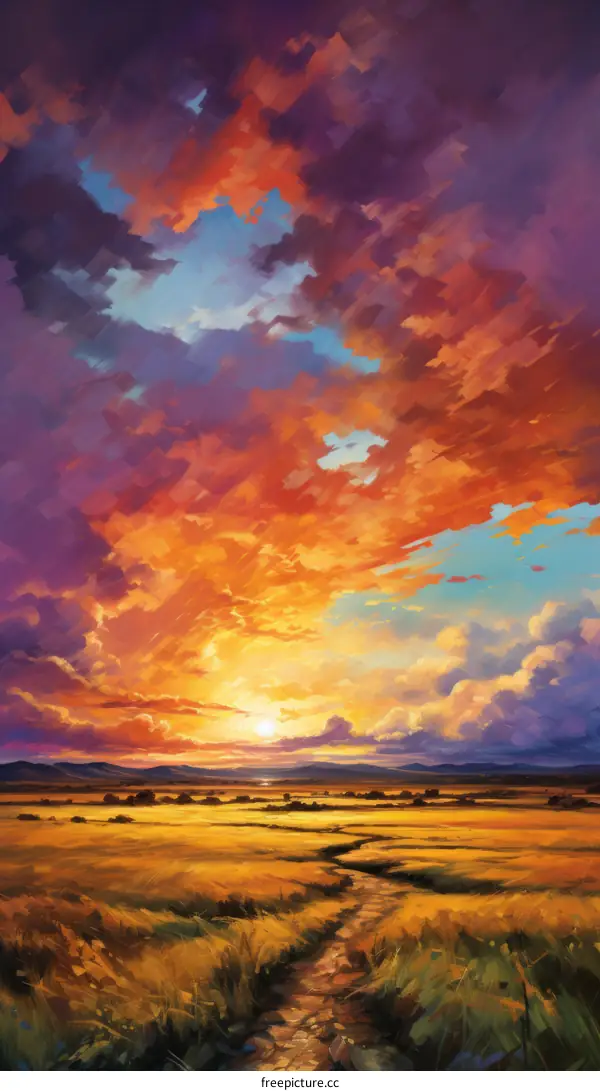 Golden Wheat Field Bathed in a Vibrant Sunset