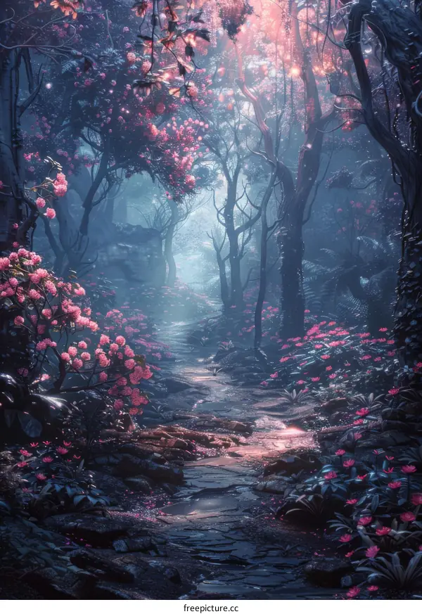 Mystical Path through a Forest of Pink Flowers