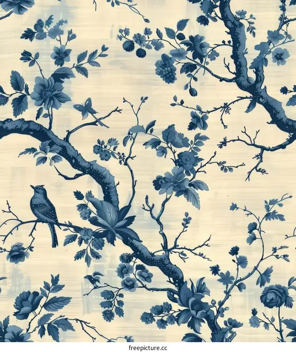 Blue and White Chinoiserie Floral and Bird Wallpaper