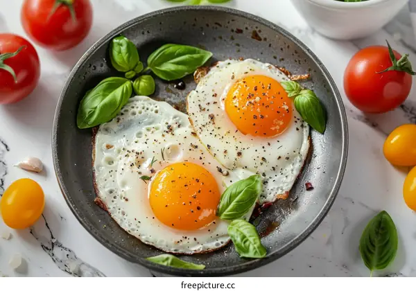 Fried eggs with tomatoes and basil in a frying pan
