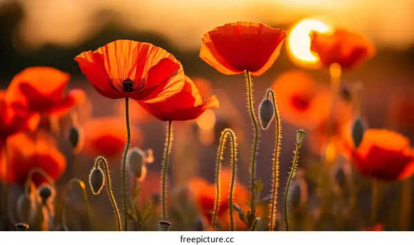 Field of red poppies at sunset