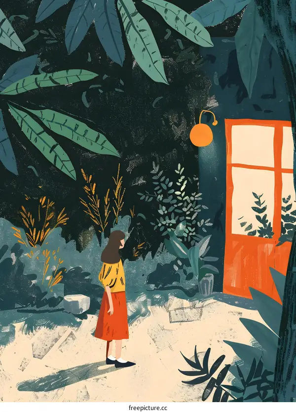 Girl Standing In A Lush Garden with a Door