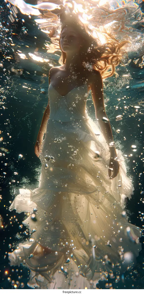 An ethereal underwater photoshoot of a woman in a wedding dress