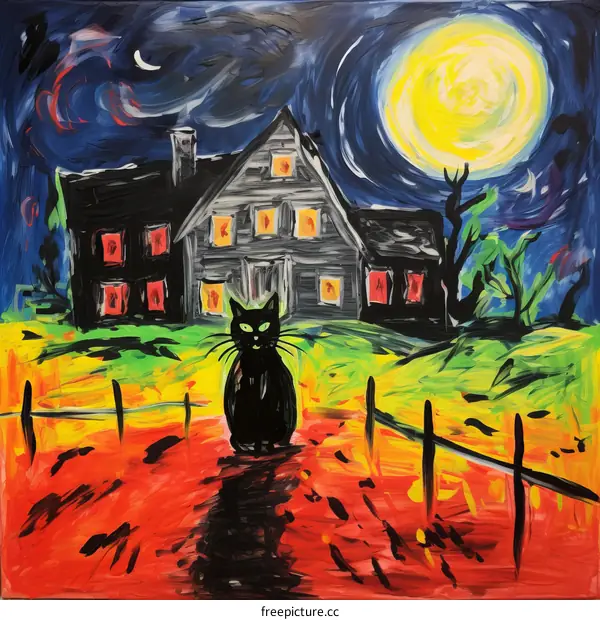 Black cat in front of haunted house with bright yellow moon
