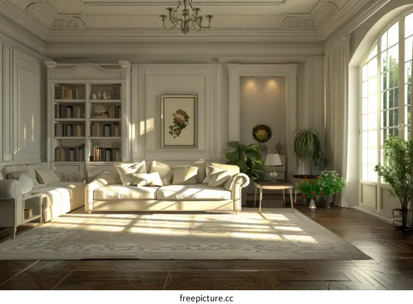 Bright spacious living room with white walls and wooden floor