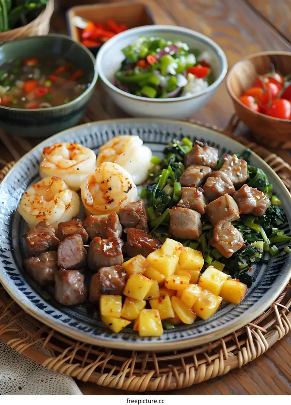 A plate of delicious food, including steak, shrimp, potatoes, and vegetables