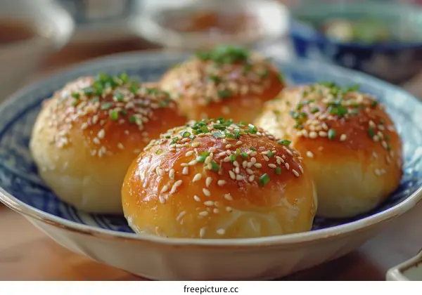 Four freshly baked golden brown sesame seed buns on a blue and white patterned plate
