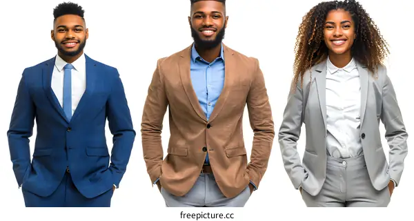 Three young African American business professionals posing in a studio