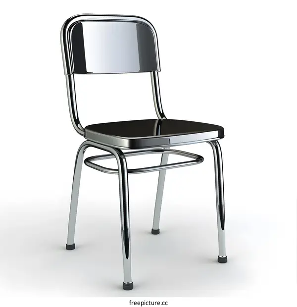 Shiny Chrome Chair with Black Seat Isolated on White Background
