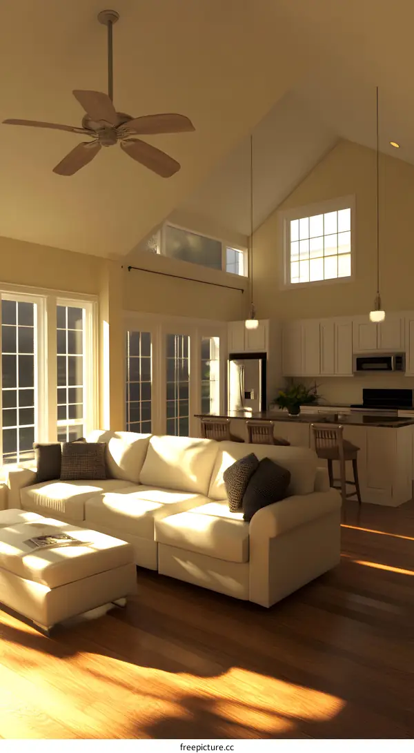 Modern Home Interior Design With Ceiling Fan And Large Windows