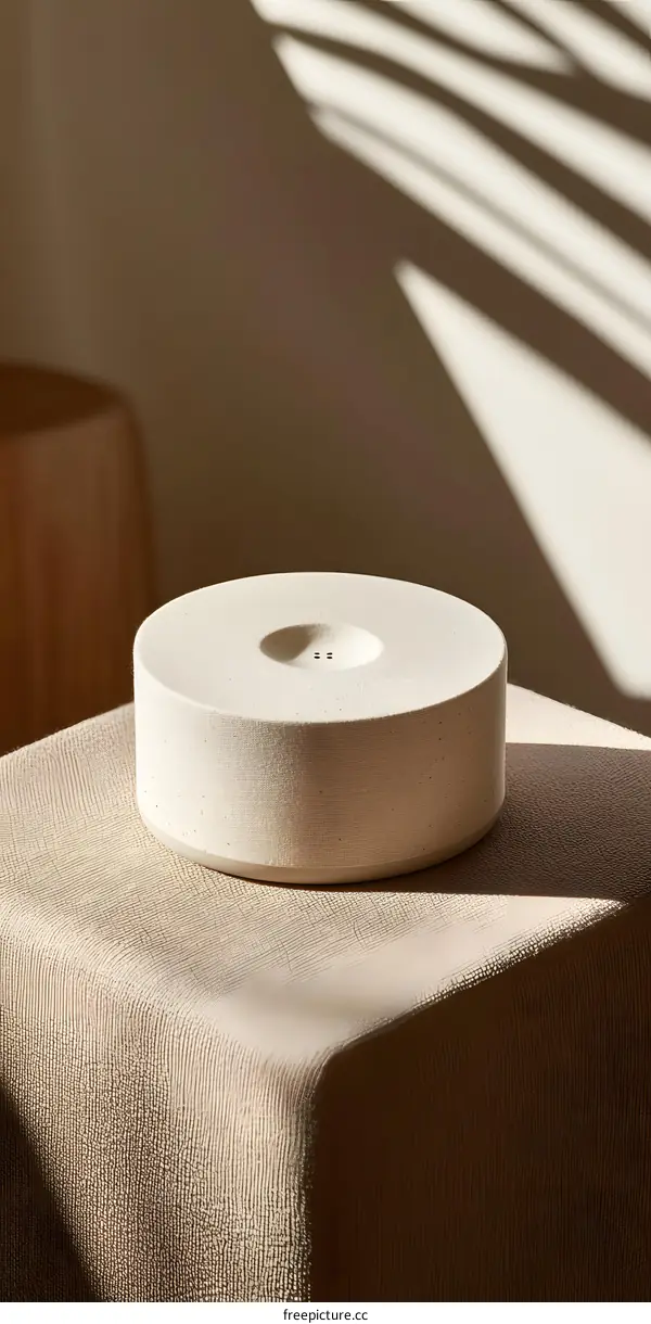 White Circular Ceramic Object on a Tan Fabric Surface